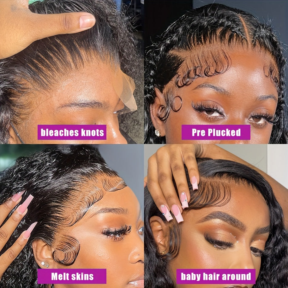180% Density Water Wave Lace Frontal Short Bob Wig - Lace Wigs for Women with 13x4x1 T Part HD Transparent Lace, Pre Plucked, Natural Color, Middle Part, Water Curly Lace Part